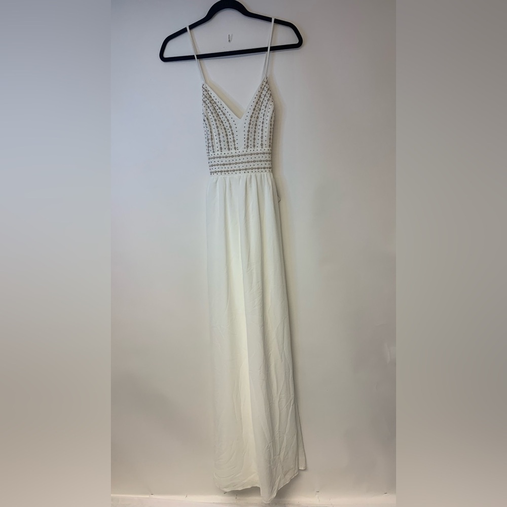 Lulus Gown Maxi Sheer Gold Details & Beads Formal Prom Flowy Wedding Womens SZ S